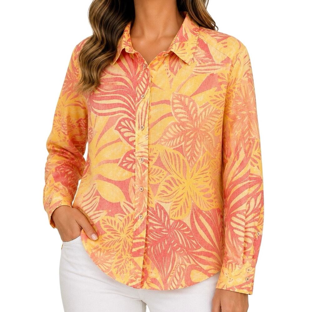 Talbots Sz Small 100% LINEN Tropical Beach Yellow Pink Blouse Shirt Top Artsy
